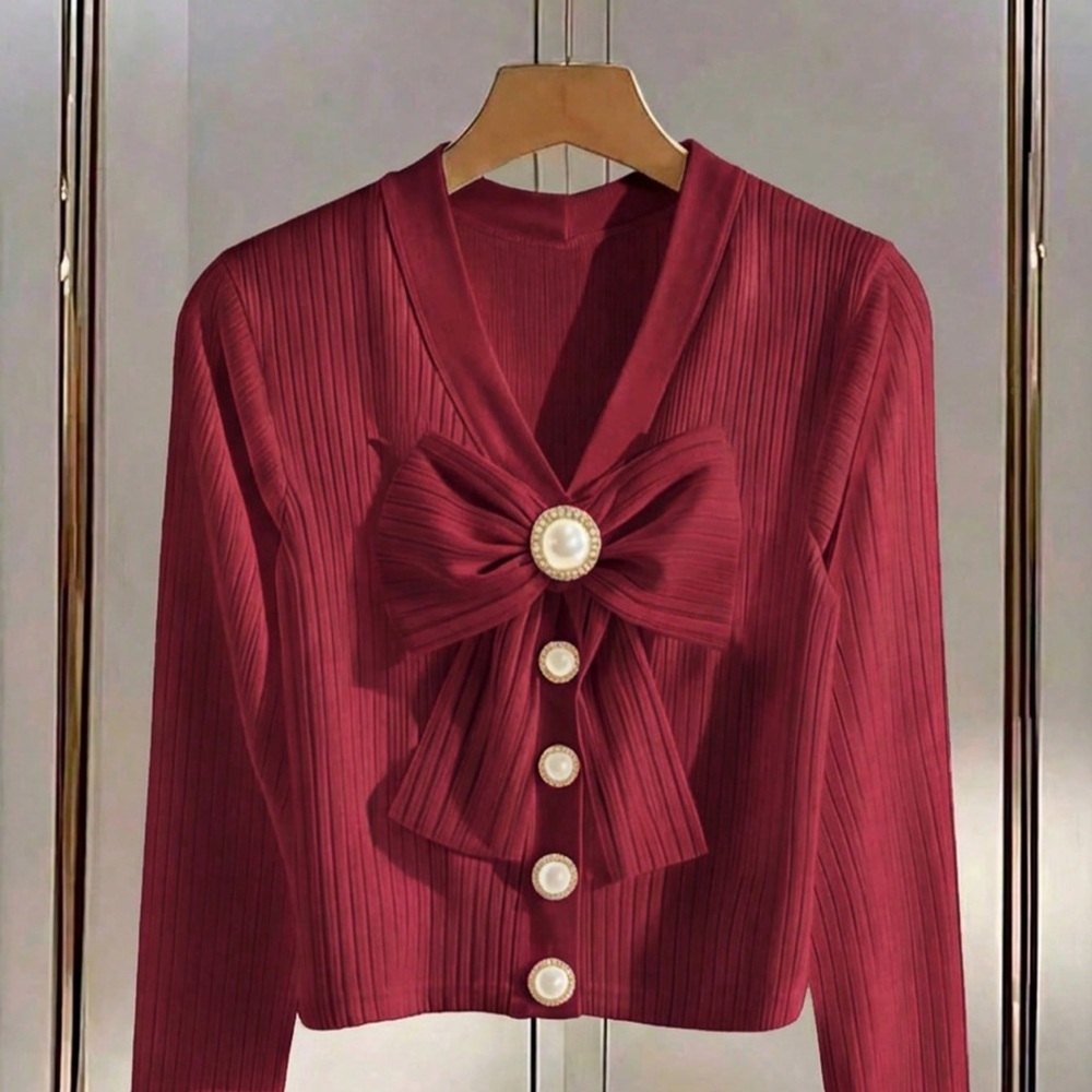 SHEIN Wine Red Long Sleeve Dress with Bow and Pearl Embellishments
